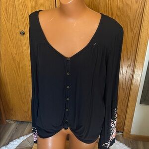 Billabong Black Button-Front V-Neck Top with Floral Sleeve Detail
